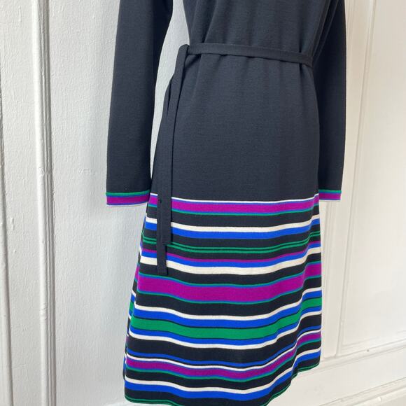 60s 70s Knit A-Line Dress Stripes Collar Same Fabric belt Raglan Sleeve Size 8 - Picture 6 of 9